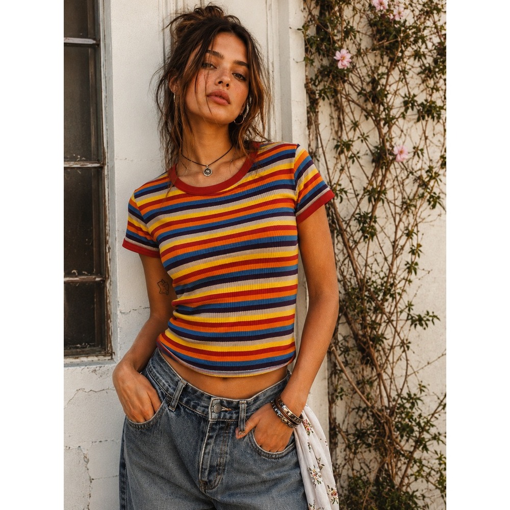 Gaze Rainbow Striped Rib Knit Baby Tee Womens Size Small Y2K Retro